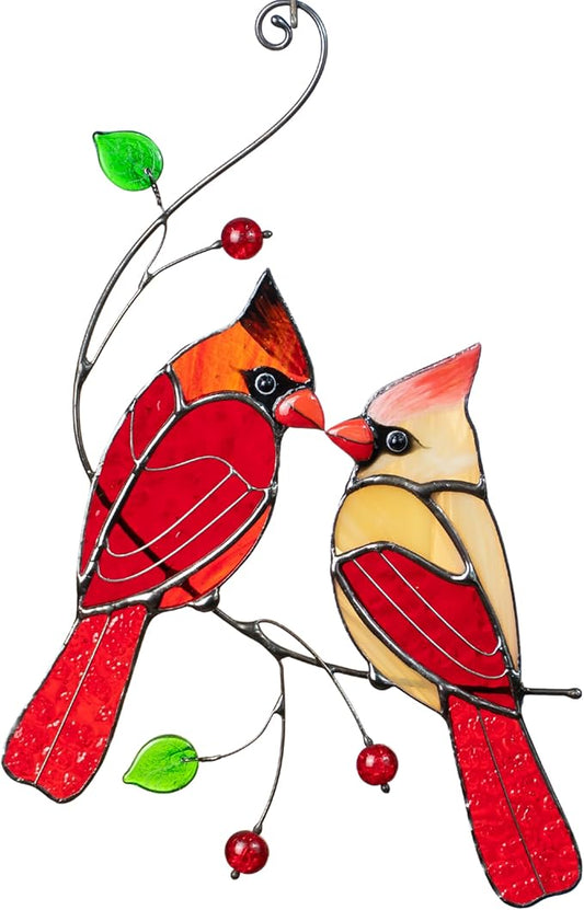 Red Northern Cardinal Birds Stained Glass Suncatcher Genuine Stained Glass Window Hangings Unique Indoor Ornament & Outdoor Decor (Style 1)
