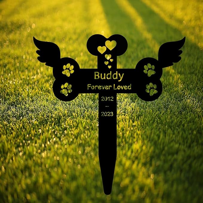 Personalized Cat Grave Marker for Outdoors, Custom Metal Pet Memorial Stake with Wings Paw Heart Burial Plaque for Cemetery Grave Garden