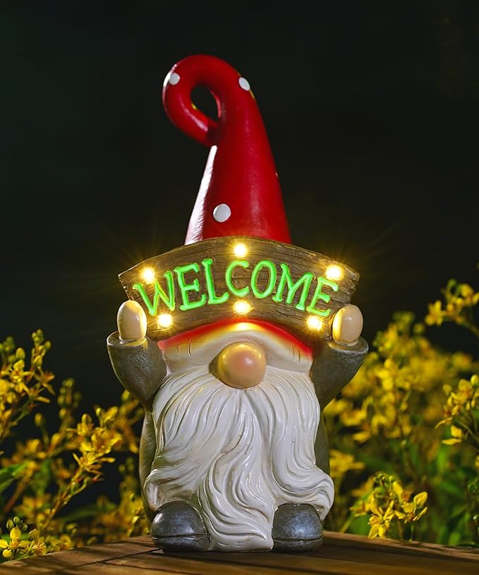 Nacome Solar Gnome Statue for Garden Decor: Outside Sculpture with Welcome Sign Clearance for Yard Art Lawn Ornaments Porch Patio Balcony - Birthday Gifts for Grandma Mom Women(Red)