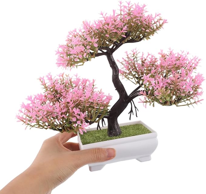 Pink Faux Bonsai Tree Simulated Small Plastic Desk Plant for Home Decor Mini Artificial Bonsai Plant for Living Room and Office Decoration