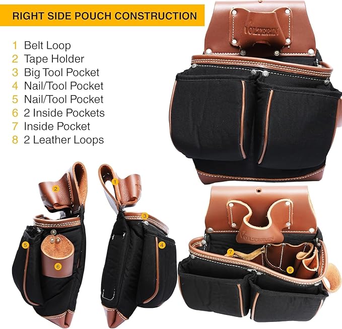 Leather & Nylon Tool Belt for Men – Heavy Duty 22-Pocket Framer’s Tool Bag for Carpenters & Electricians (Black, One Size)
