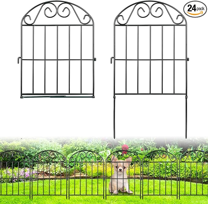 ADAVIN 24 Panels Collapsible Garden Fence Animal Barrier,26 Ft(L) x 24 in(H) Black Rustproof Metal Wire Panel Border for Dogs Rabbits, Flower Edging for Landscape Patio Yard Outdoor Decor, Arched