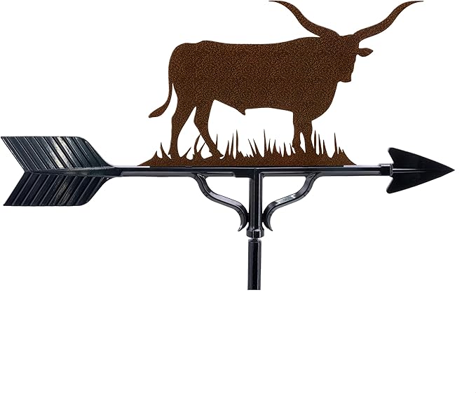 Montague Metal Products Bull Weathervane - 15 Ornament Colors Available - Roof Mount Included (4 to Choose from) - Longhorn Bull Weathervane