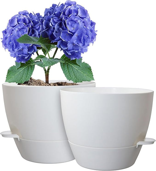 10 inch Self Watering Pots, 2 Pack Plastic Planters with Mesh Drainage Holes for Garden Plants and Flower, Plants Pots with Deep Reservoir for Indoor Outdoor Plants, White