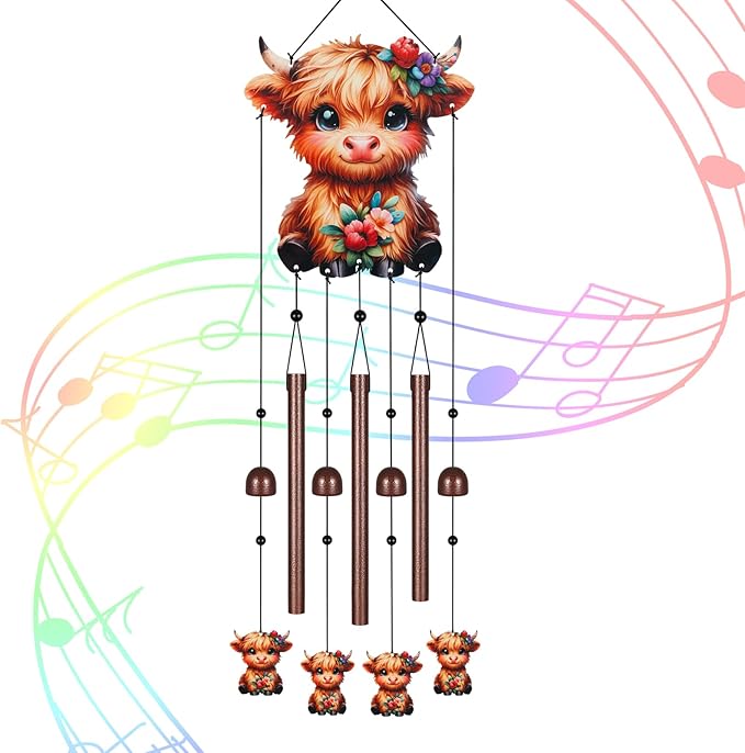 Metal Colorful Highland Cow Wind Chimes for Outside to Create a Zen Atmosphere Suitable for Outdoor Garden Patio Home Decor,Melodious Melodic Tones Suitable as A Birthday for Women Mom