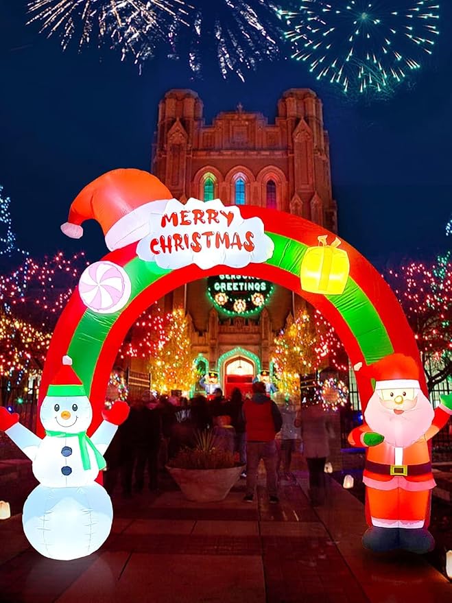 EBANKU 10 FT Christmas Inflatable Santa Claus Snowman Rainbow Archway Decorations with Build-in LEDs, Holiday Inflatables Decorations for Party Indoor, Outdoor, Lawn, Garden Decor