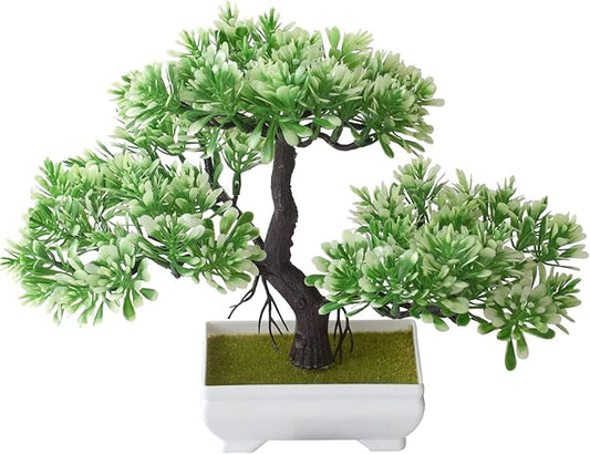 Mini Artificial Bonsai Tree Fake Plants - Artificial Plant Welcome Pine Treewith Plastic Cement Pots for Home Office Décor (White)