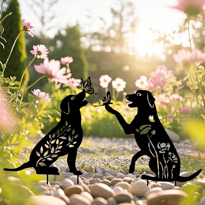 WONDER GARDEN Metal Dog Decor for Outside - 2 Pack Garden Stakes Decorative, Black Dog Silhouette Statues Lawn Ornaments Yard Patio Decor Women Men Mom Gifts