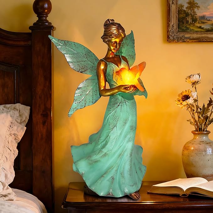 Solar Fairy Garden Statue Decor - Xmas Gifts for Women Mom Grandma Sister Christmas, 10 Inch Leaf Angel Girls Resin Home Decoration with Hummingbird LED Lights for Bedroom Balcony Outdoor Yard Patio