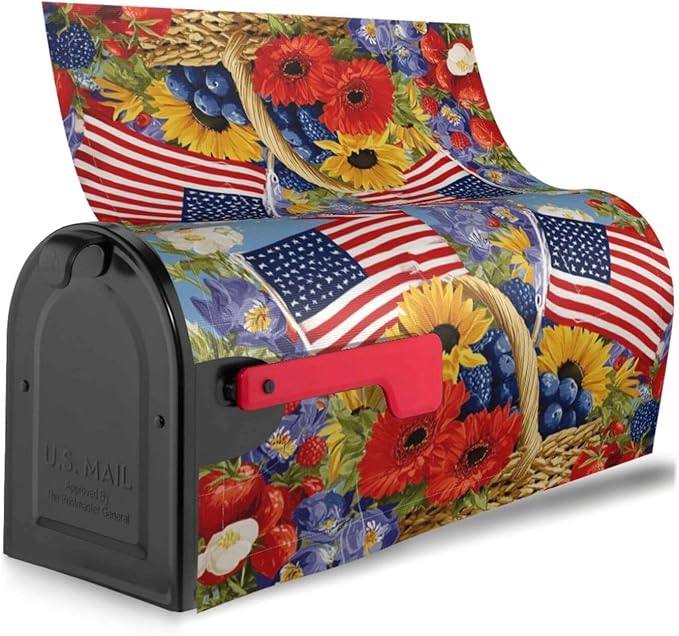 4th of July American Flag Floral Mailbox Covers Magnetic Letterbox Covers 21x18 Inch for Garden Outdoor Decoration
