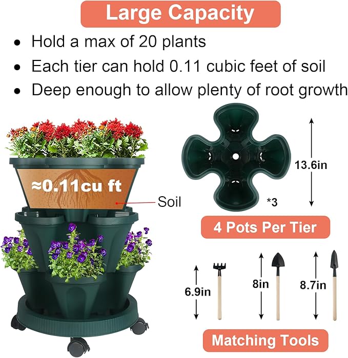 GameXcel Vertical Planter 3 Tier Stackable Planters Garden Planters Strawberry Herb Flower and Vegetable Planter Indoor Outdoor Gardening Pots with Removable Wheels and Tools 2-Pack