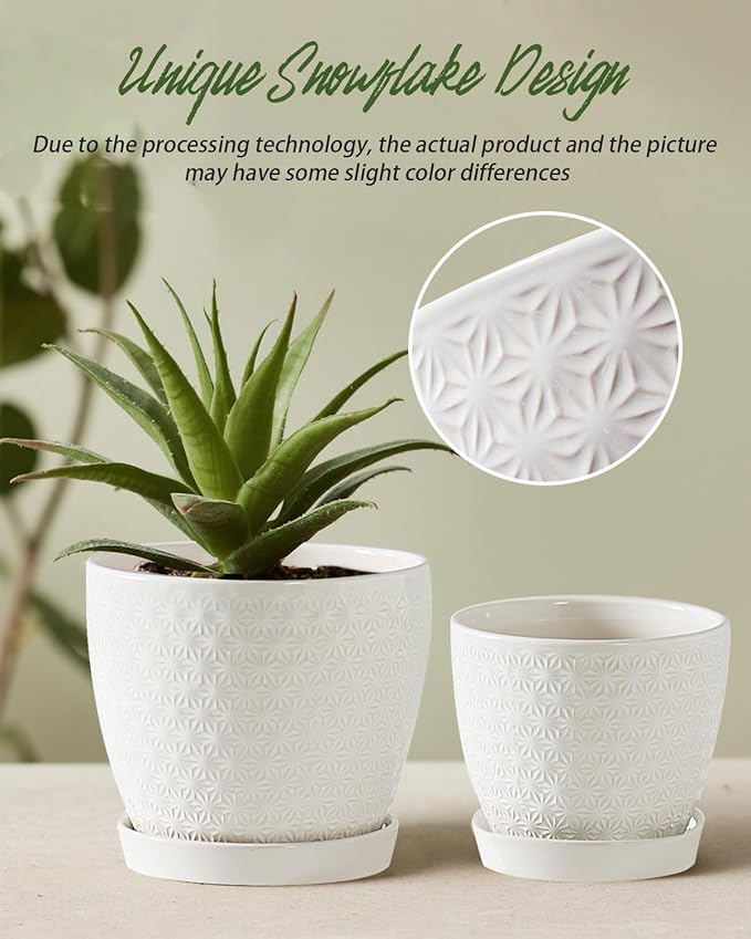 Plant Pots, Flower Pots, Planters for Indoor Plants(6.5+5.5inch), Flower Pots for Indoor Plants with Drainage Hole and Saucer, Ceramic Pots for Plant with Hole Mesh Pad,White