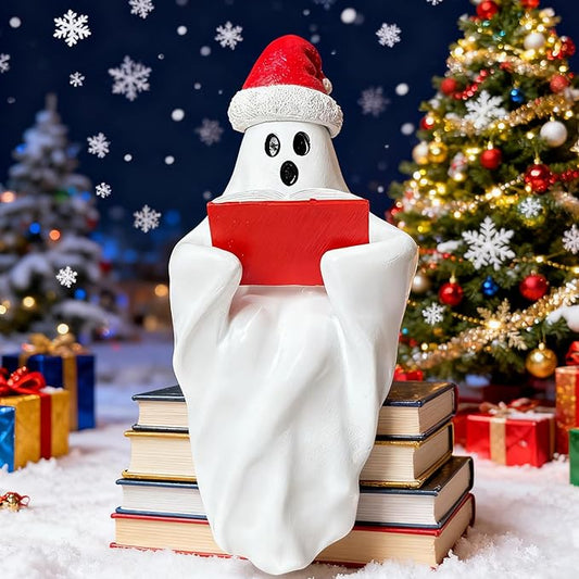 Christmas Figurine Cute Funny Figurines with Xmas Hat Read a Book Design Unique Ghost Xmas Indoor Decorations for Christmas Decor Home OfficeTable Bedroom Desktop Display Ornaments 1 PCS