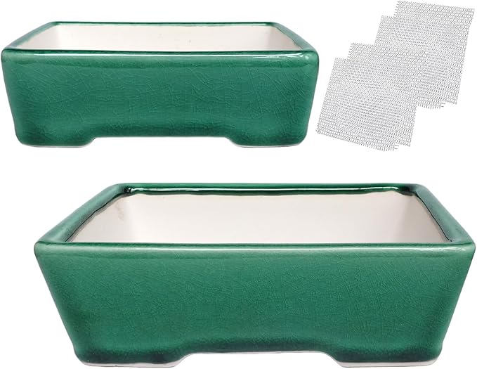 Set of 2 Zisha White Clay Bonsai Pot Glazed Shallow Succulent Planter Green
