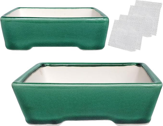 Set of 2 Zisha White Clay Bonsai Pot Glazed Shallow Succulent Planter Green