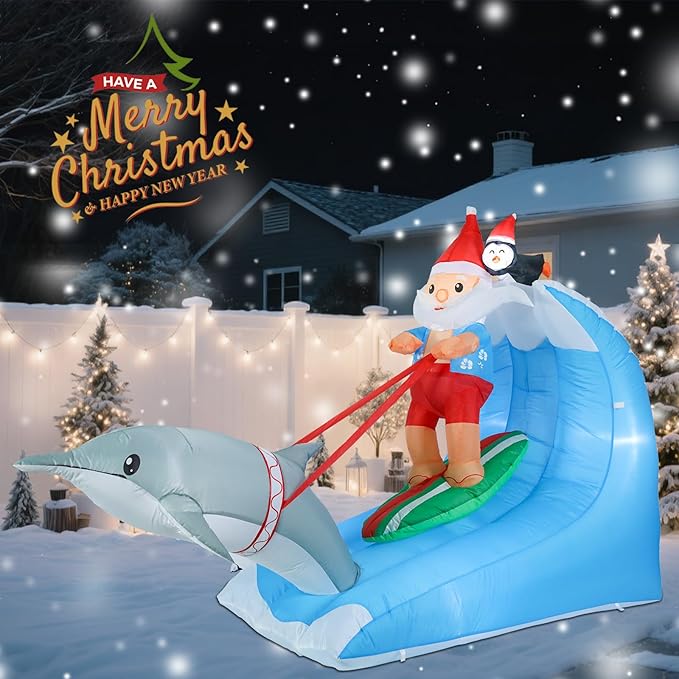 MUMTOP 7.55FT Long Christmas Inflatables Outdoor Decorations, Inflatables Surfing Santa Claus with Penguin Dolphin Blow up Christmas Yard Decoration Built-in LED Lights for Outdoor Party Holiday Decor