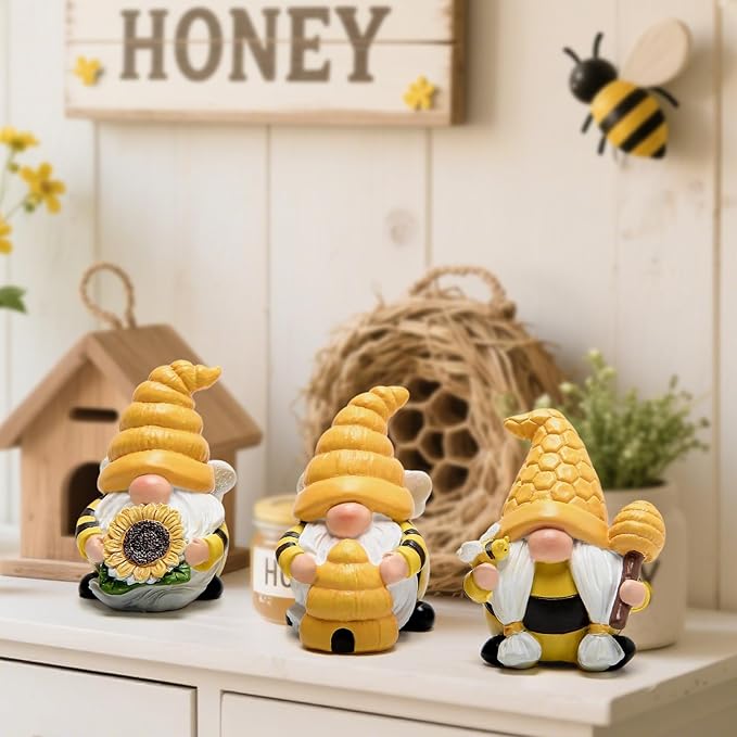 Hodao 3 PCS Bumble Bee Spring Gnome Figurines Decorations Honey Elf Ornaments World Bee Day Decor Gifts for Home, Porch, Yard, Flower Bed Outdoor Garden Decor Gifts for Women, Mom