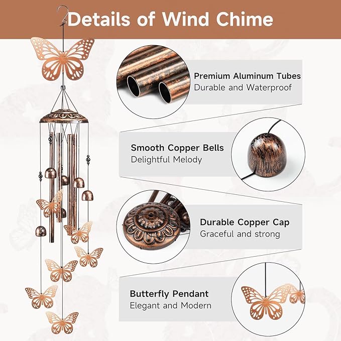 Butterfly Wind Chimes for Outside,41" Metal Windchimes, Housewarming/Halloween/Festival/Memorial Gifts for Women/Men, Butterfly Decorations for Outside, Patio, Garden or Yard