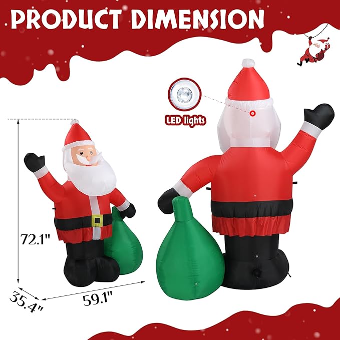 VINGLI 6FT Christmas Decorations Outdoor Inflatable Lighted Decor，Blow Up Yard Decoration with Electric Blower for Holiday Indoor Outdoor Garden Decor, Santa with Gifts
