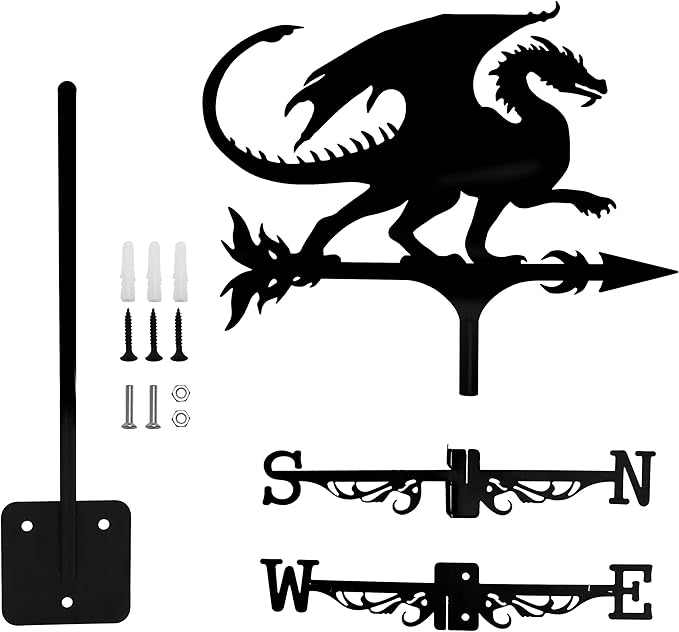 Dragon Wind Weathervanes for Roofs Mount, Mini Weather Vain Vein with Creative Shapes & Metal Material for Sheds, Courtyard & Garden Fence Decoration Outdoor (Black, 1PC)