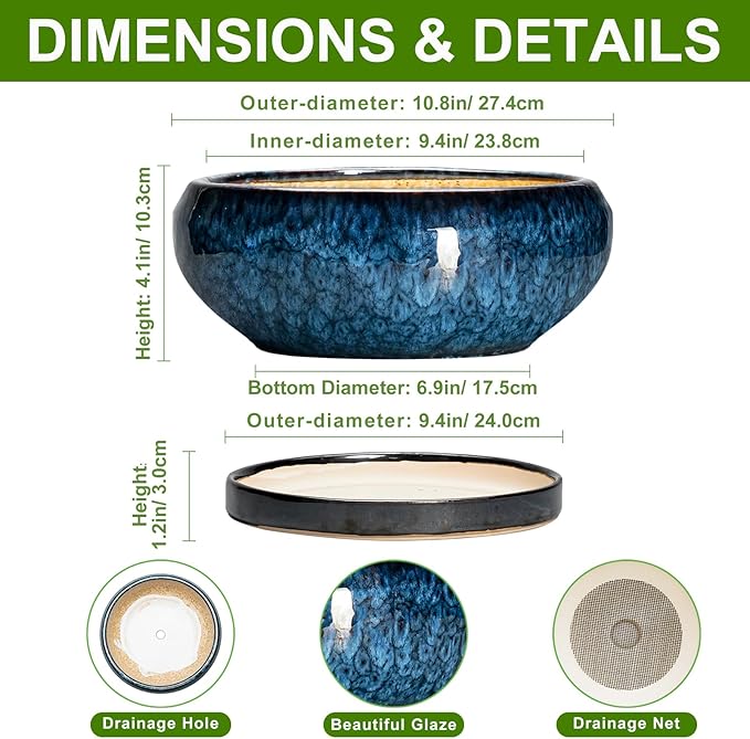 Bonsai Tree Pots 10 Inch - Ceramic Succulent Pot with Drainage Hole and Saucer, Bonsai Pots for Indoor Outdoor, Round Succulent Planter, Shallow Planter, Desk Decor, Plant Lover Gifts, Blue