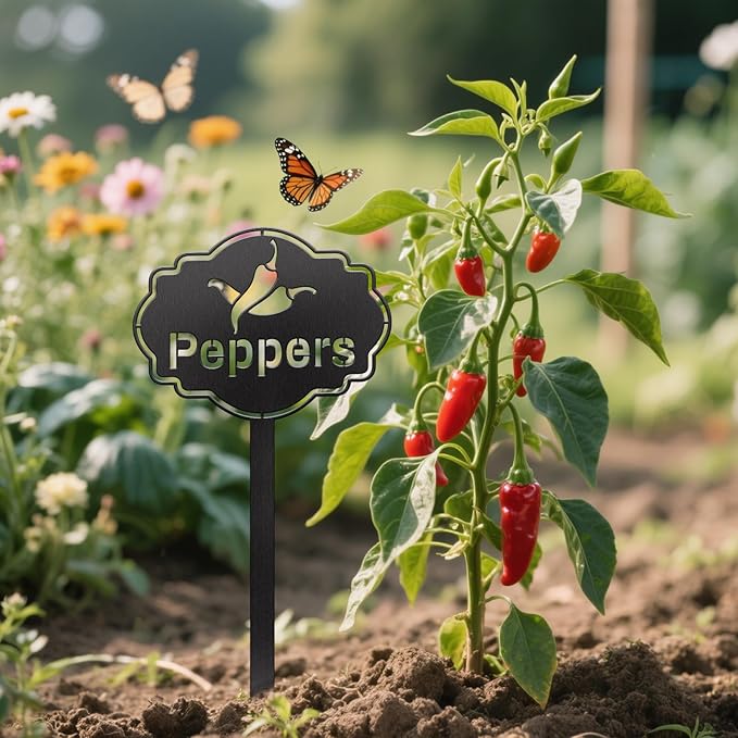 CUTHOLLOW Metal Plant Marker Stake Peppers for Outdoor Indoor, Waterproof 11.8 inch Cute Garden Plant Labels Sign Tag for Vegetables, Farmhouse Greenhouse Decor - Funny Gardening Gifts