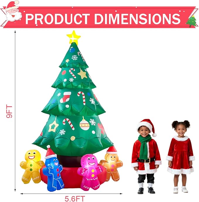 9ft Christmas Tree Decoration with Gingerbread Men Inflatable Outdoor Indoor Decor, Giant Blow Up Weatherproof Xmas Decorations for Yard, Built-in LED Rotating Light for Gardern Lawn Winter Holiday