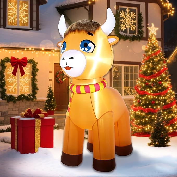 Christmas Inflatable Outdoor Decorations, 6FT Inflatables Highland Cow Spring Yard Decor, LED Lights Blow up Highlander Cattle Calf Holiday Decorations for Farm Ranch Indoor Outside Lawn Garden