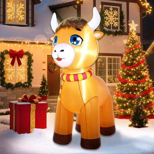 Christmas Inflatable Outdoor Decorations, 6FT Inflatables Highland Cow Spring Yard Decor, LED Lights Blow up Highlander Cattle Calf Holiday Decorations for Farm Ranch Indoor Outside Lawn Garden
