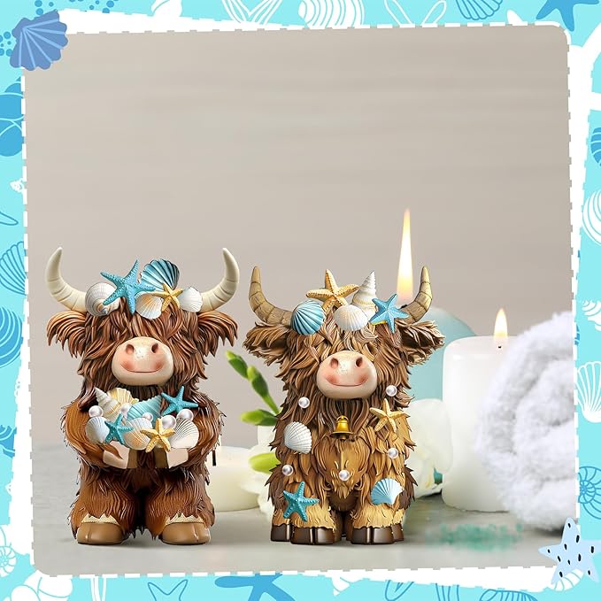 2 Pcs Coastal Christmas Highland Cow Decor Beach Ocean Themed Christmas Highland Cow Figurines Resin Starfish Seashellstatue Calf Lovers Gifts for Home Garden Kitchen Office Tiered Tray Table Decor