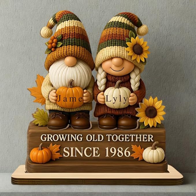 Personalized Growing Old Together Since Gnome Figurines Plaque, Custom Gnome Couple Wood Standing Plaque, Gift for Couples and Grandparents