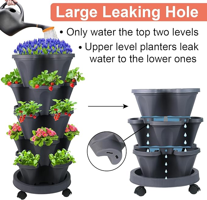 GameXcel Vertical Planter 5 Tier Stackable Planters Garden Planters Strawberry Herb Flower and Vegetable Planter Indoor Outdoor Gardening Pots with Removable Wheels and Tools