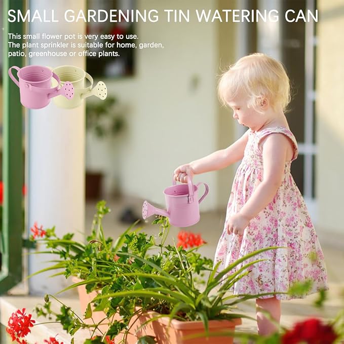 2Pcs Mini Watering Can Sprinkler Bucket for Kids Metal Gardening Water Pot for Outdoor and Indoor House Plants, /Beige/Cute Watering Can