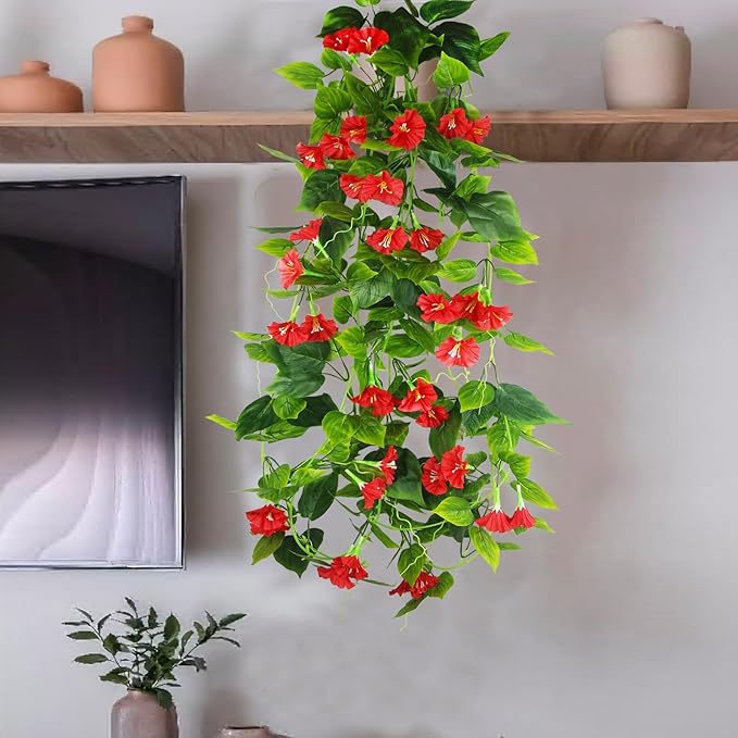 CISDUEO 2 Pcs Artificial Vines Silk Morning Glory Vines for Outdoor 15Feet Hanging Plants Garland Red Fake Green Plant Morning Glories for Home Decor Wall Fence Stairway Wedding Hanging Baskets