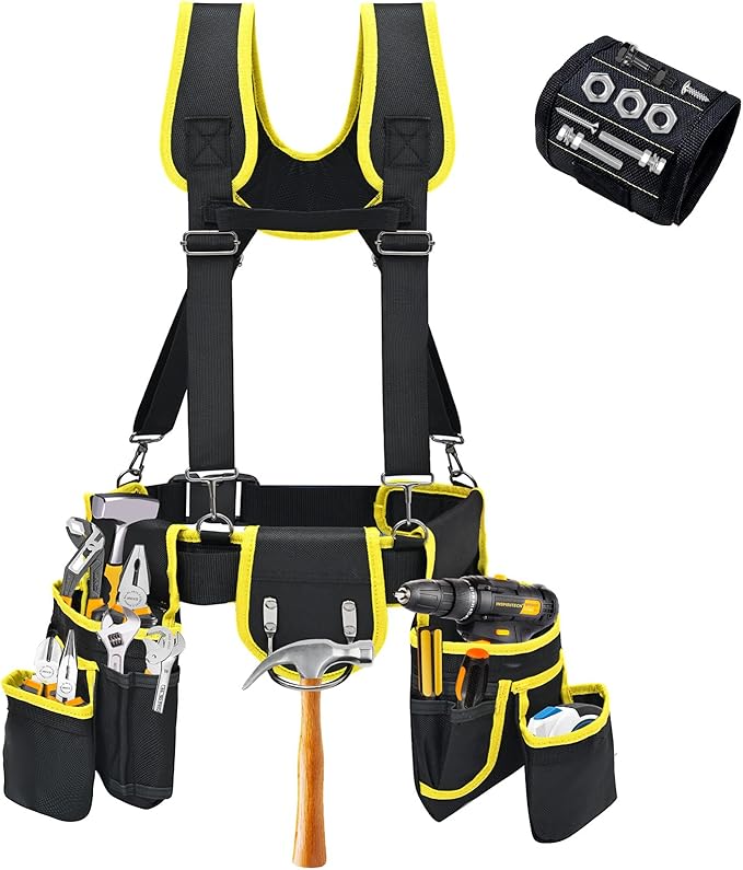 Tool belts for men - multi-functional detachable adjustable tool belt with shoulder strap magnetic wristband set, suitable for electricians and carpenters。 (black and yellow)