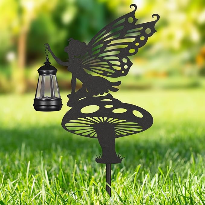 2Pack Solar Outdoor Garden Lights Stakes Solar Metal Flower Fairy Lawn Deco Statue Flower Fairy Patio Garden Decorative Stakes with Solar Lantern Christmas Birthday Gifts for Women Mom and Grandma