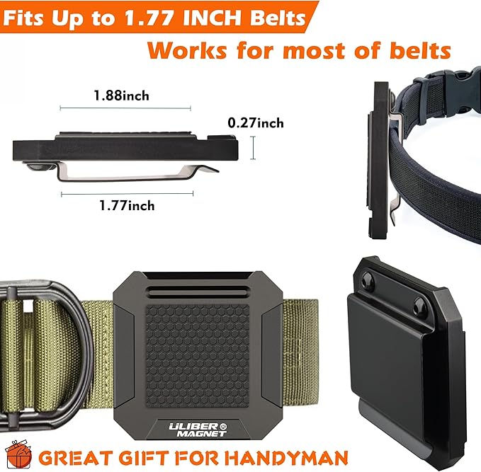ULIBERMAGNET Magnetic Tool Holder, Gifts for Men Him Dad, Heavy Duty Clip-On Belt Magnet Holder,Soild Aluminum Strong Tool Holster Belt Clip for Screw Driver,Drill Bit, Wrench, Hammer, Hardware Tools