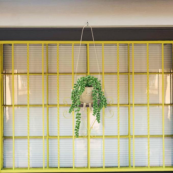 Artificial Hanging String of Pearls Succulent in Cute Smiley Face Swing Planter, Fake Trailing Succulent Plant for Indoor Outdoor Home Wall & Window Decor | Includes Hanging Hook
