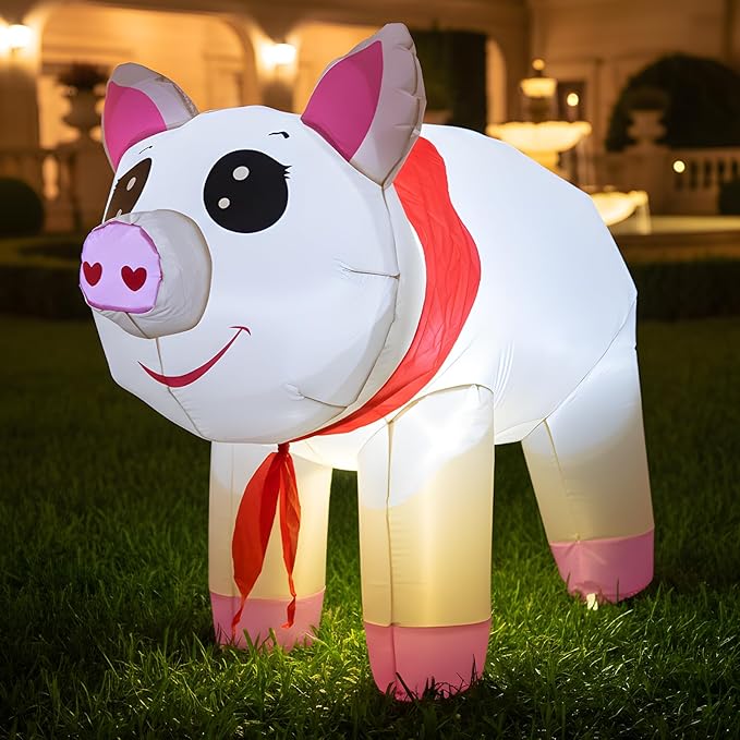4FT Inflatables Christmas Spring Farm Ranch Blow up Animals Cute Pig Decorations with LED Light Indoor Outdoor Yard Graden Party Lawn Holiday Decor