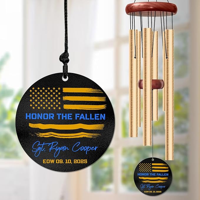 Personalized Police Memorial Wind Chime – “Honor The Fallen” Custom Flag Windchime – Engraved Name, Rank & Date – Sympathy Gift for Law Enforcement Families – Memorial Windchimes for Fallen Officers