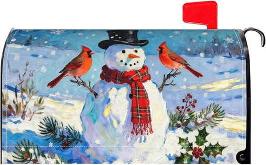 Winter Snowman Large Mailbox Covers Magnetic Oversized Blue White Red Cardinal Bird Christmas Holiday Outdoor Decorative Seasonal Letter Box Cases for Home Garden Outside Decor, 25.5x21 Inch