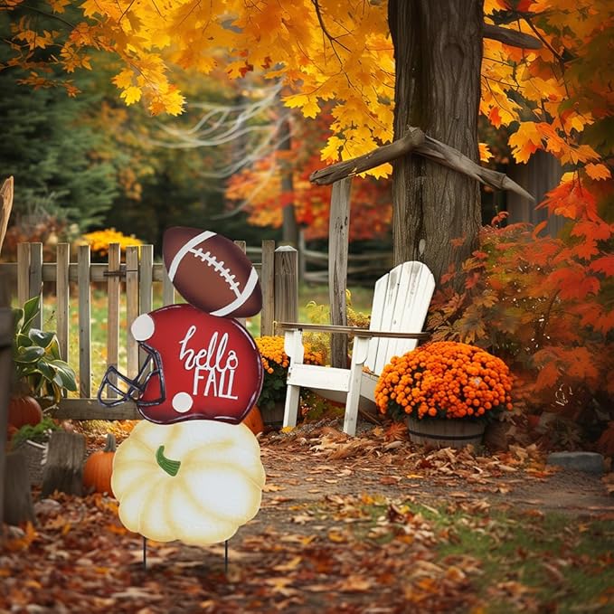 hogardeck Fall Decorations for Home Outdoor, 32" Decorative Garden Stakes with 3 Stacked Pumpkin Football Helmet for Fall Decor, Metal Yard Signs for Garden Home Lawn Patio Thanksgiving Decorations