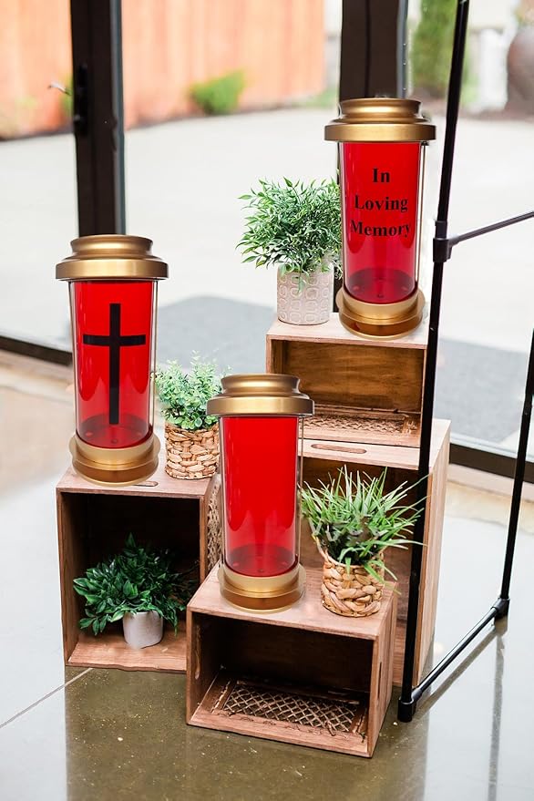 Memorial Garden Decorations with Long Stake, Solar Outdoor Candle Holder for Yard Memorial, Lantern Candle Holder, Fall Solar Lights Outdoor Decorative, Backyard Decor - Gold Metal Frame, Red Acrylic