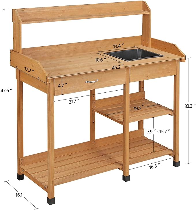 Topeakmart 45.2x17.7x47.6'' (LxWxH) Potting Benches Outdoor Garden Potting Table Work Bench with Removable Sink Drawer Rack Shelves Work Station, Wood