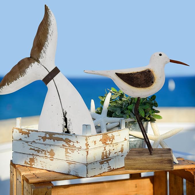 Aecipl Wood Bird Statue Standing Seagull Nautical Decor Coastal Birds Sculpture Indoor Outdoor Animal Figurine Beach Themed Decoration Rustic Home Art for Bedroom Garden (A, L)