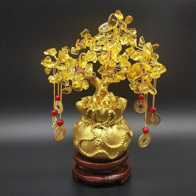 Feng Shui Citrine Quartz Crystal Money Tree Bonsai Style Decoration for Luck and Wealth (Purse)