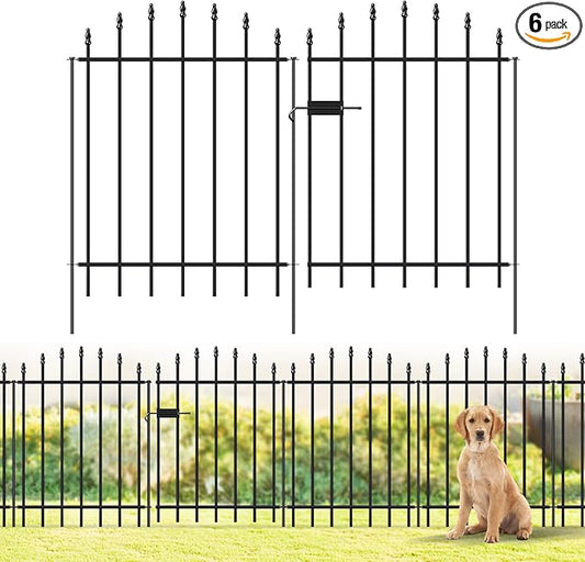 Metal Garden Fence with Gate 32 in H x 12 ft L, 1 Gate + 5 Panels Border Dog Fence Panels Animal Barrier, No Dig Garden Fencing for Yard Patio Flower Bed Lawn Outdoor, Arch Black