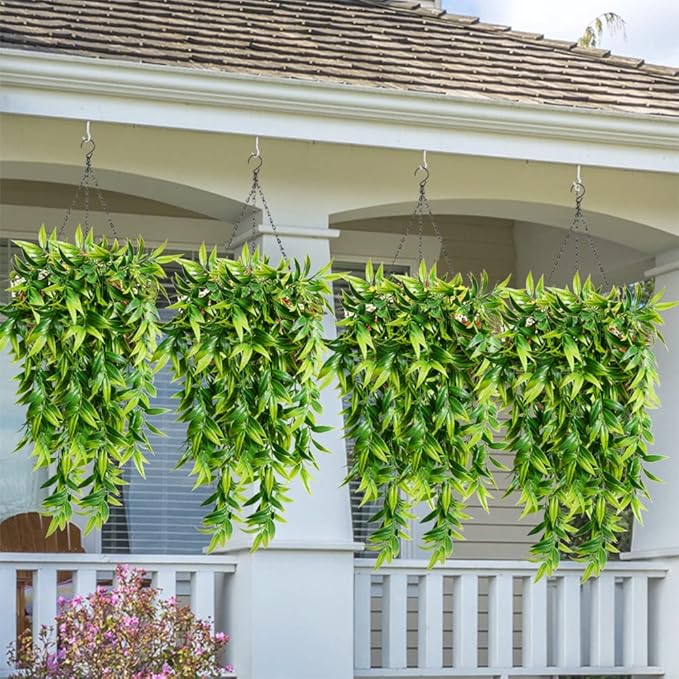 SzJias Artificial Hanging Plants Fake Bamboo Leaves Plants Fake Hanging Plants for Patio Porch Outdoor Plants Decor (2 Pcs)