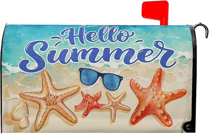 Hello Summer Mailbox Cover Beach Starfish Mail Box Covers Magnetic Standard Size Sunglasses Post Letter Box Cover Wrap 21x18 inch Mailbox Decorations for Outside Garden Yard