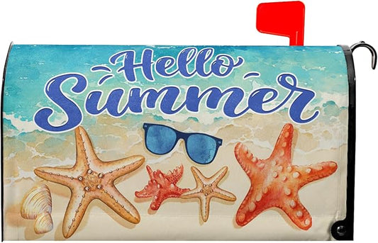 Hello Summer Mailbox Cover Beach Starfish Mail Box Covers Magnetic Standard Size Sunglasses Post Letter Box Cover Wrap 21x18 inch Mailbox Decorations for Outside Garden Yard